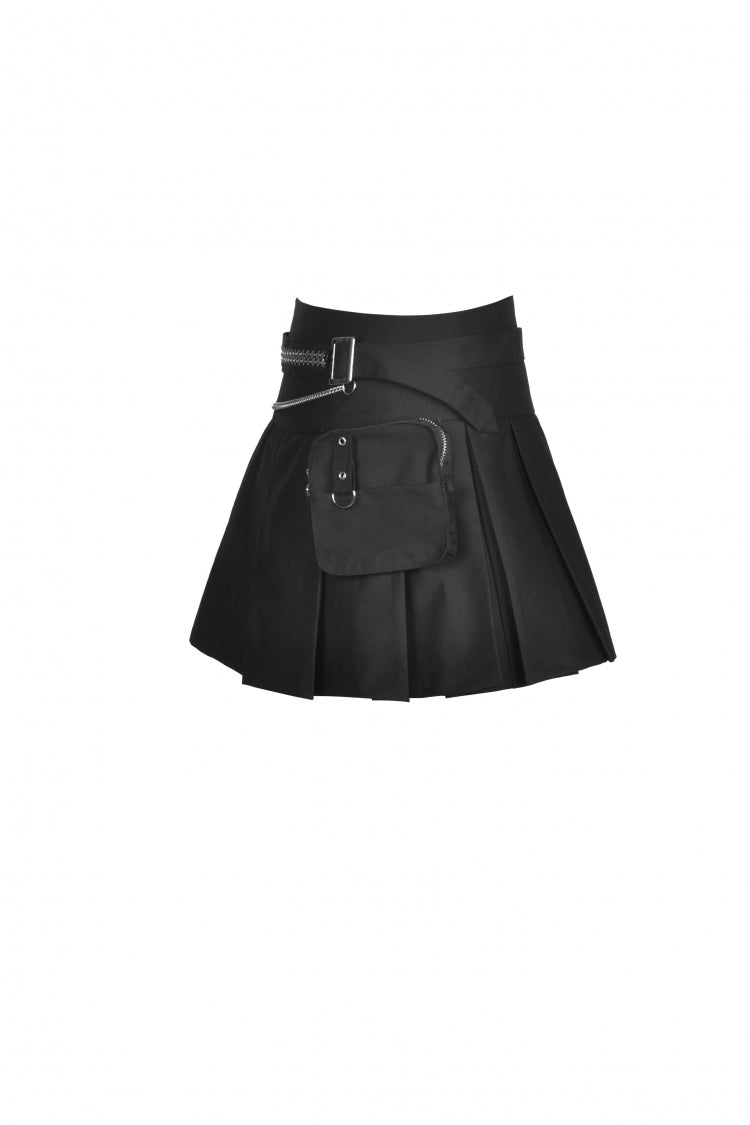 Black Pleated Big-pocket Chain-Decorated Women's Punk Mini Skirt with Belt - Product - 11