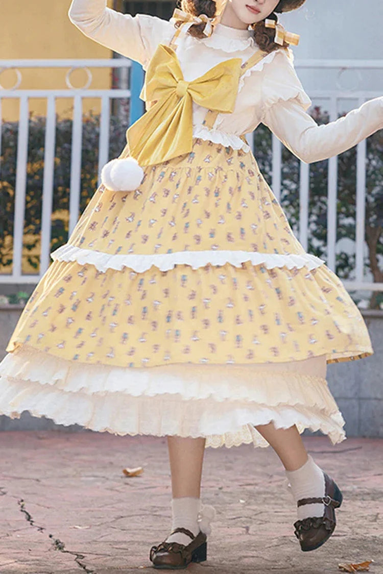 Yellow Stuffed Bear Print Bowknot Sweet Lolita Jsk Dress - Yellow - 1