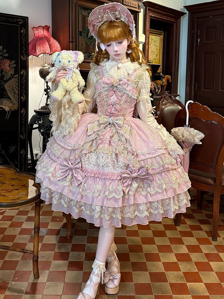 Pink Flower Bead Chain Bow Princess Lolita Dress detail view 4