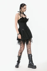 Black Sleeveless Lace Lace-Up Pleated Women's Gothic Dark Demon Slip Dress - Product - 13
