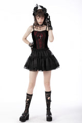 Dark Red Cross Shoulder Straps Jacquard Lace-Up Women's Gothic Overbust Corset - Product - 11