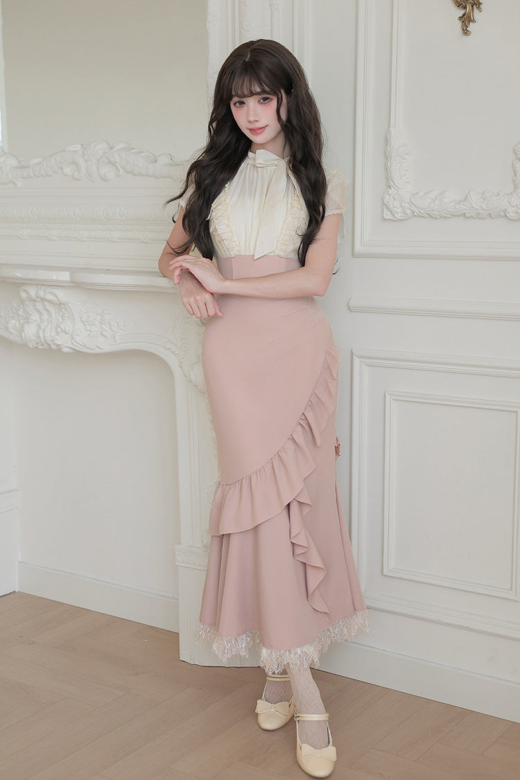 White/Pink Round Collar Short Sleeves Ruffled Bow Lace Color-Blocked Boned Sweet Lolita Dress 2 Versions - Product - 22
