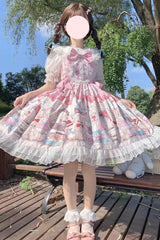 Pink Plush Bear and Doll Print Ruffle Bowknot Lace Sweet Lolita Jsk Dress - Pink - 1