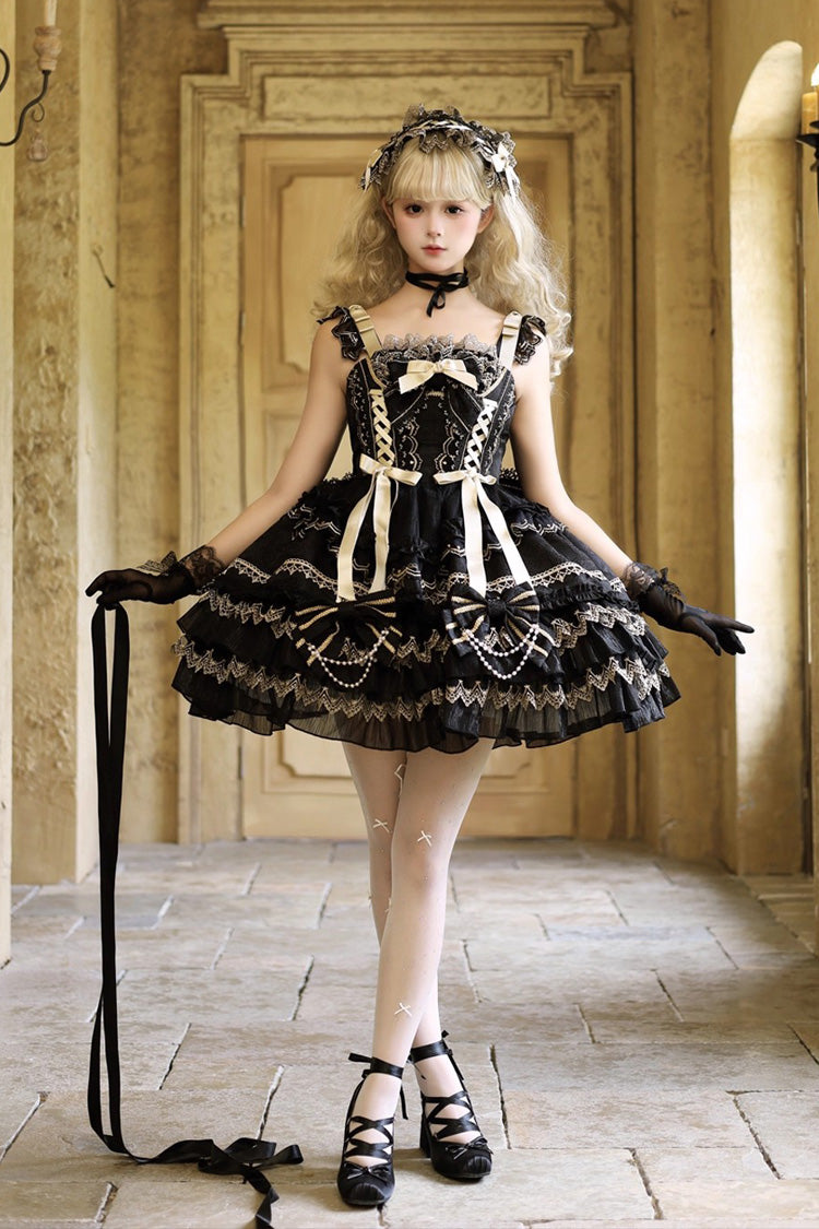 Black [Gilded Memories] Sleeveless Double-Layered Ruffle Hot Stamping Bowknot Lace Sweet Lolita Jsk Dress - Black - 1