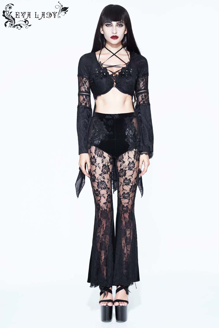Black Perspective Mesh-yarn Long-sleeve Lace Front Short And Back Long Women's Gothic Blouse - Product - 2