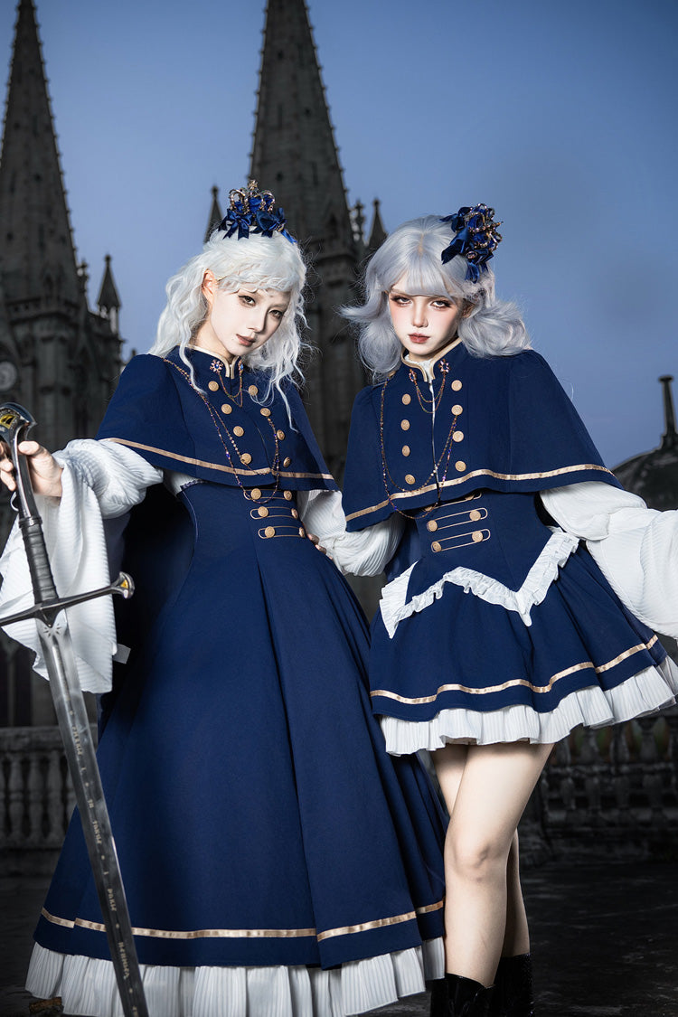 Blue [Eternal Crown] Stand Collar Long Lantern Sleeves Ruffled Color-Blocked Faux Two-Piece Classic Royal Lolita Dress 2 Versions - Product - 4