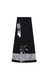 Black/Blue Round Collar Long Sleeves Print Slim Women's Classic Hanfu Dress Three-piece Set - Product - 9