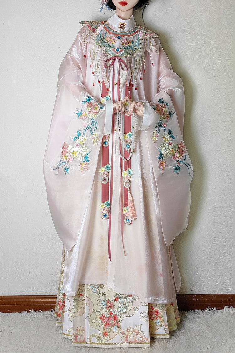 Pink Collar High Waisted Print Embroidery Women's Sweet Classic Hanfu Dress Full Set - Pink - 1
