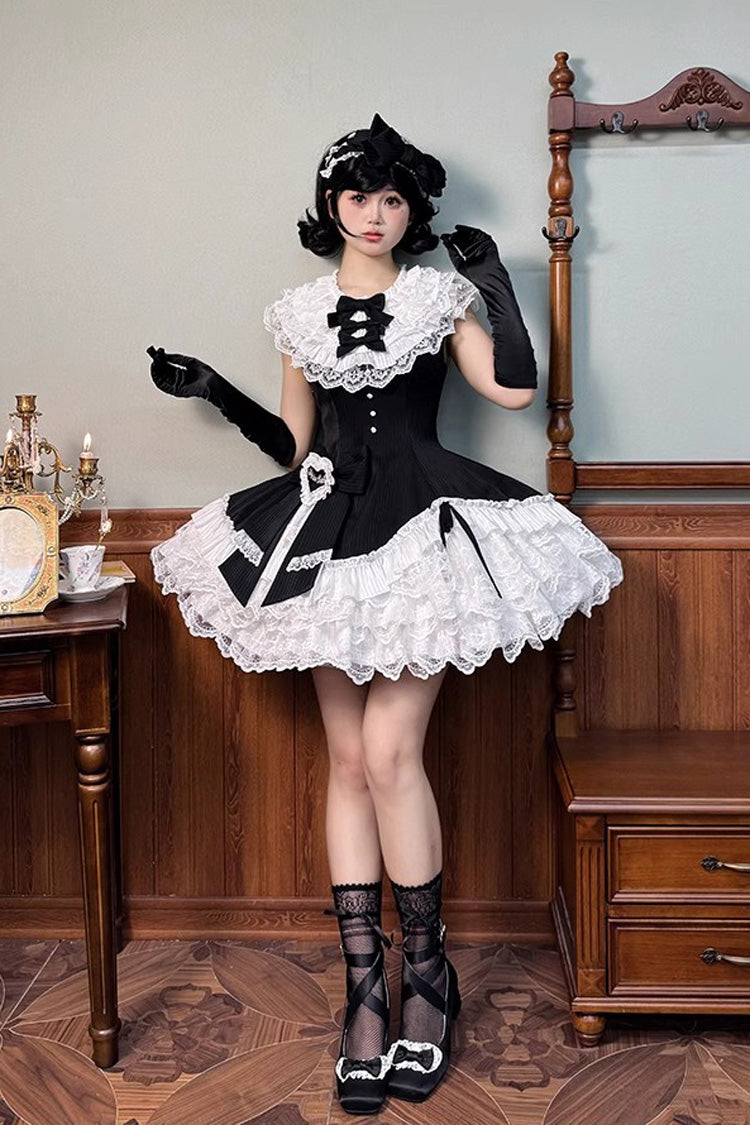 Black/White [Miss Tsundere] Sleeveless Multi-Layered Ruffle Bowknot Lace Asymmetric Sweet Princess Lolita Dress - Product - 2