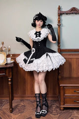 Black/White [Miss Tsundere] Sleeveless Multi-Layered Ruffle Bowknot Lace Asymmetric Sweet Princess Lolita Dress - Product - 2