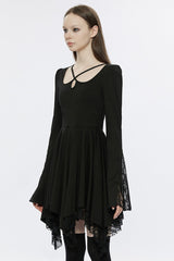 Black Long Trumpet Sleeves Stitching Lace Asymmetric Women's Gothic Dress - Product - 2
