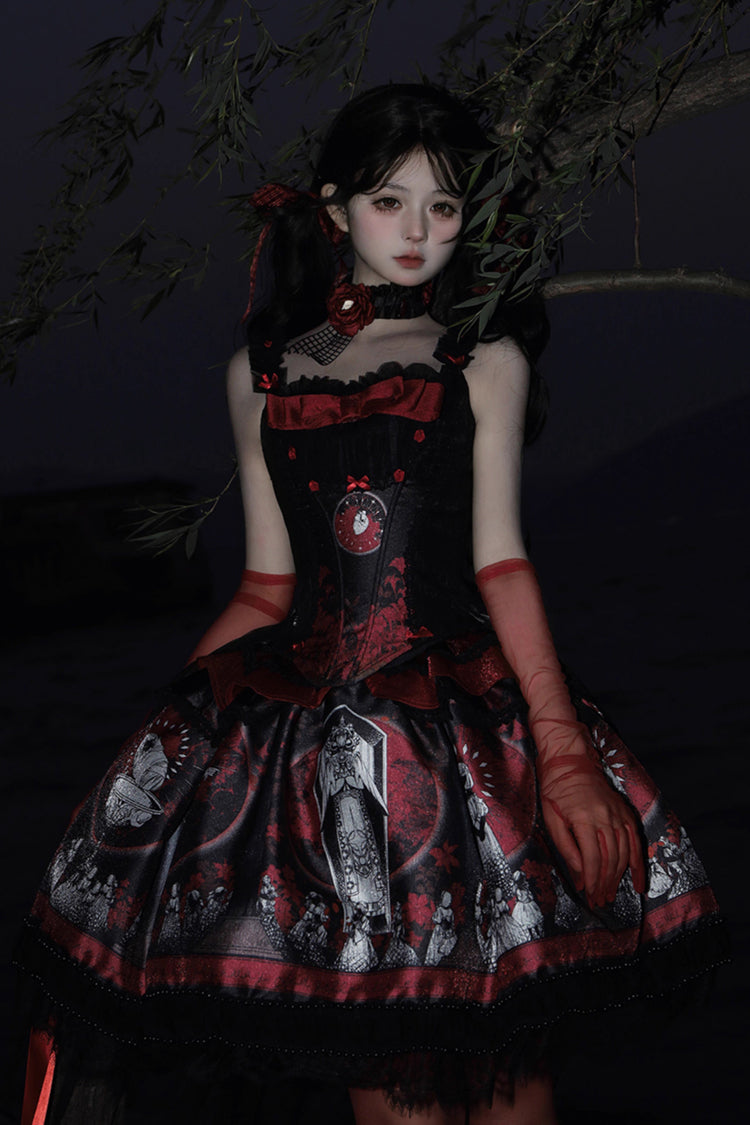 Red [Dark Moon Corridor] Print Embroidery Gothic Lolita Dress Skirt - Red - 1