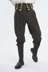 Brown High Waisted Striped  Lace-Up Men's Gothic Pants - Product - 2
