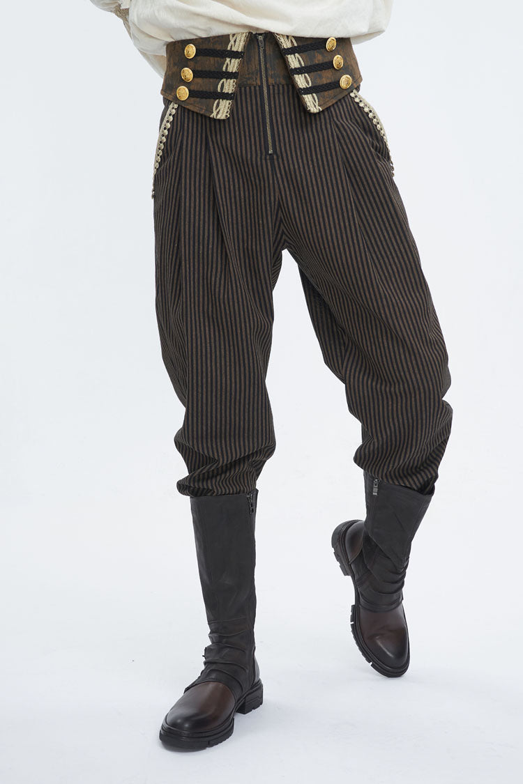 Brown High Waisted Striped  Lace-Up Men's Gothic Pants - Product - 2