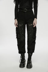 Black Ripped Zippered Eyelet Women's Punk Unedged Decadent Denim Pants - Product - 7