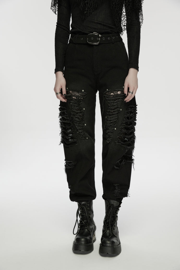 Black Ripped Zippered Eyelet Women's Punk Unedged Decadent Denim Pants - Product - 7