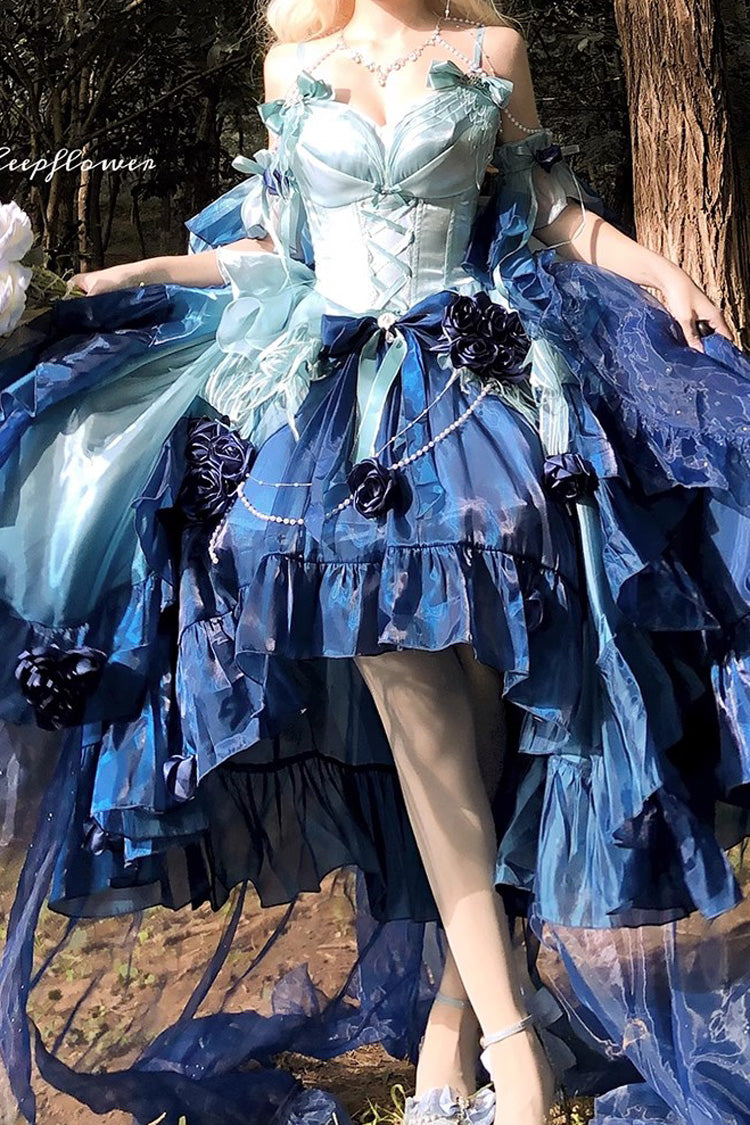 Undersea Blue [Swan Wonderland] Embroidery Bowknot Lace-Up Short Front Long Back Irregular Sweet Ballet Lolita Jsk Dress - Product - 4