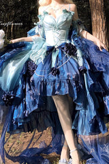 Undersea Blue [Swan Wonderland] Embroidery Bowknot Lace-Up Short Front Long Back Irregular Sweet Ballet Lolita Jsk Dress - Product - 4