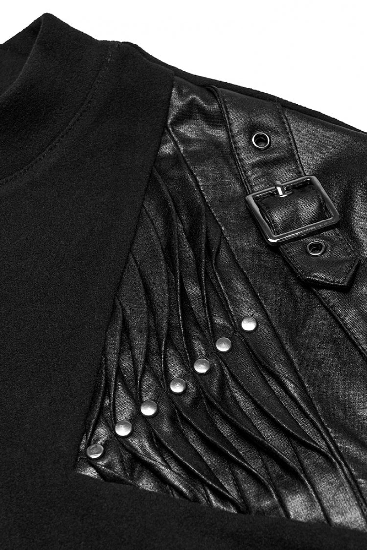 Black Round Collar Long Sleeves Buckled Strappy Pleated Eyelet Men's Punk Top - Product - 5