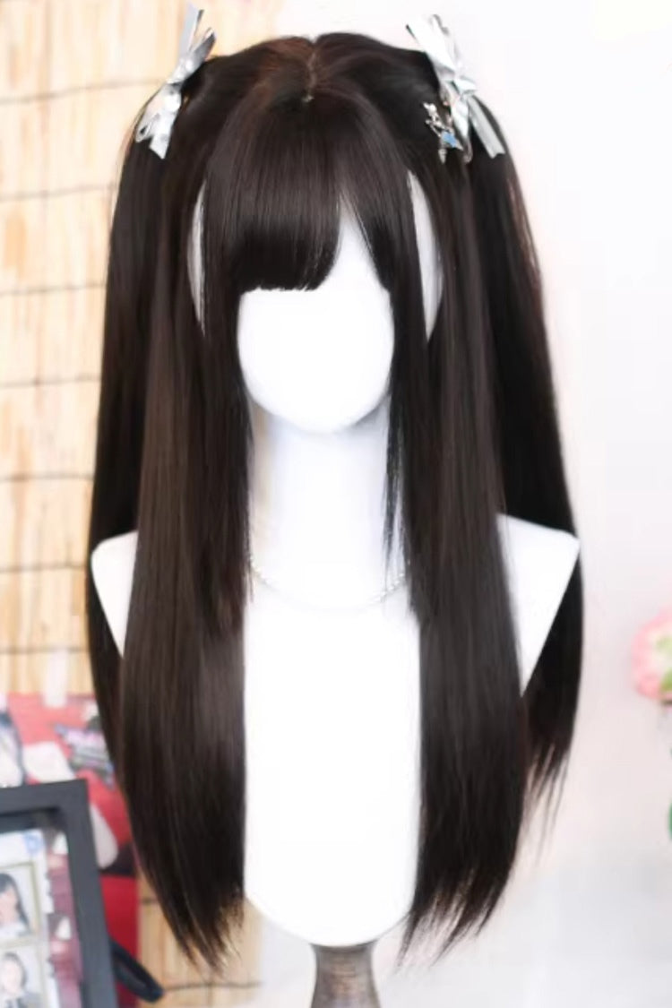 Black Tea Brown Kawaii Anime-Style Long Straight Twin-Tails Sweet Lolita Wig - Black-Tea-Brown - 1