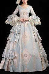 Light Blue Hime Sleeves High Waisted Round Collar Lace Stitching Hollow Embroidery Flower Print Victorian Lolita Prom Dress - Light Blue - 1