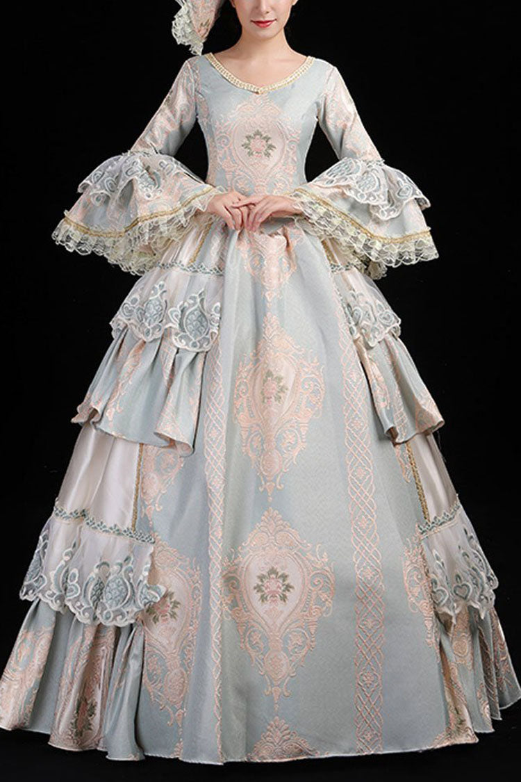 Light Blue Hime Sleeves High Waisted Round Collar Lace Stitching Hollow Embroidery Flower Print Victorian Lolita Prom Dress - Light Blue - 1