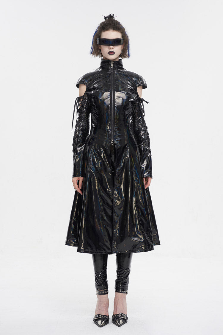 Black Lace Up Mesh Splice Patent Leather Long Women's Punk Coat - Product - 3