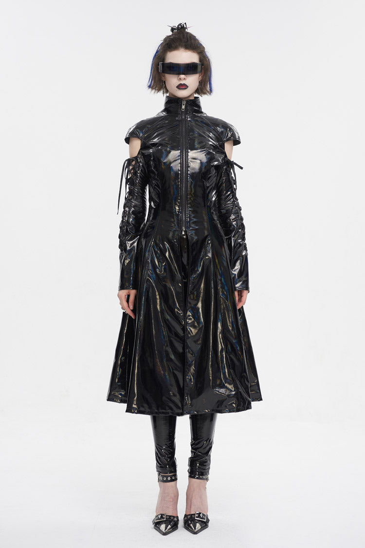 Black Lace Up Mesh Splice Patent Leather Long Women's Punk Coat - Product - 3