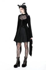 Black Long Trumpet Sleeves Spliced Lace-Up Spider Mesh Women's Gothic Velvet Wedding Dress - Product - 10