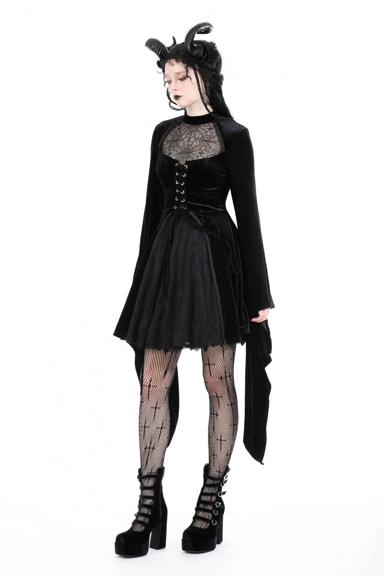 Black Long Trumpet Sleeves Spliced Lace-Up Spider Mesh Women's Gothic Velvet Wedding Dress - Product - 10