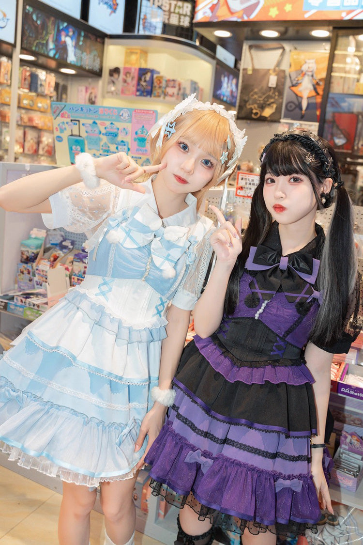 Blue/White [Cotton Cloud] Lapel Collar Ruffle Bowknot Lace-Up Sweet Lolita Jsk Dress - Product - 7