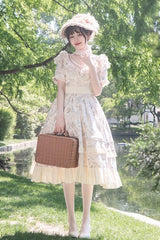 Multi-Color Daisy Print Cherry Embroidery Edwardian Collar Short Sleeves Sweet Lolita Dress - Product - 2