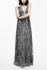 Punk Wedding Embroidery Smoky Pattern Sexy  Silk Chiffon Halter Womens Dress - Grey - 1