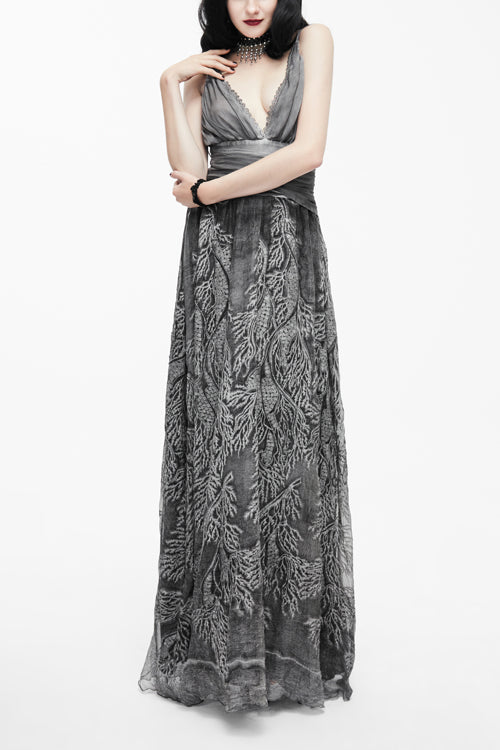 Punk Wedding Embroidery Smoky Pattern Sexy  Silk Chiffon Halter Womens Dress - Grey - 1
