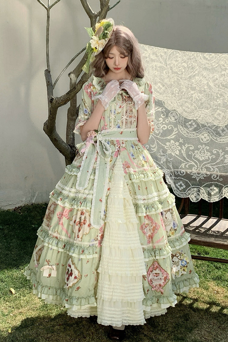 Green [Cat Rose Tea] Short Sleeves Print Ruffle Cardigan Bowknot Sweet Gorgeous Lolita Dress - Product - 11