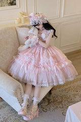 Pink [Sakura Bunny Ballad] Square Collar Flutter Sleeves Jacquard Ruffled Bow Lace Sweet Elegant Luxurious Long Lolita Jsk Dress - Product - 10