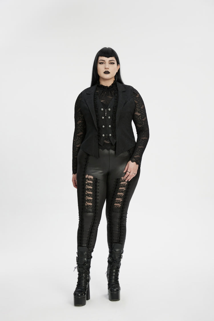 Black Lapel Collar Jacquard Spliced Lace Faux Two-Piece Pleated Women's Plus Size Gothic Vest - Product - 4