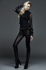Black Long Sleeves Hooded Sheer Mesh Straps Women's Punk Coat - Product - 5