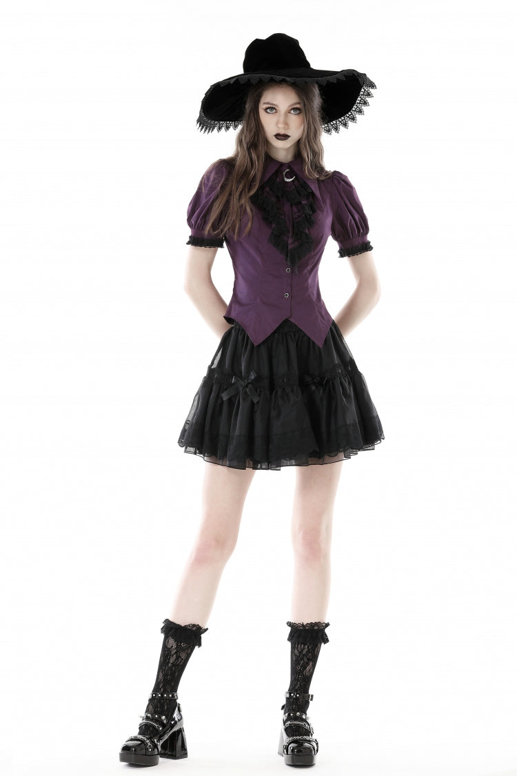 Purple Moon Frilly Collar Short Puff Sleeves Women's Gothic Blouse - Product - 6