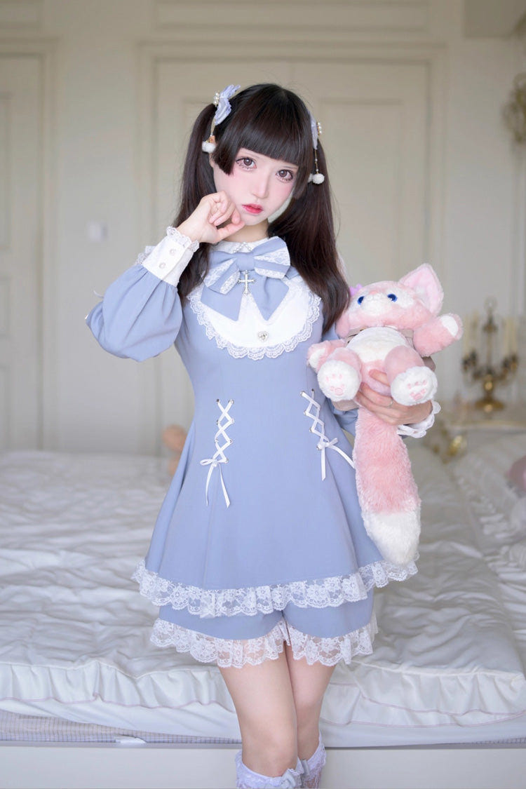 Grey/Blue [Divine love] Long Sleeves Hollow Bowknot Lace Lace-Up Sweet Jirai Kei Dress Shorts Set - Product - 2