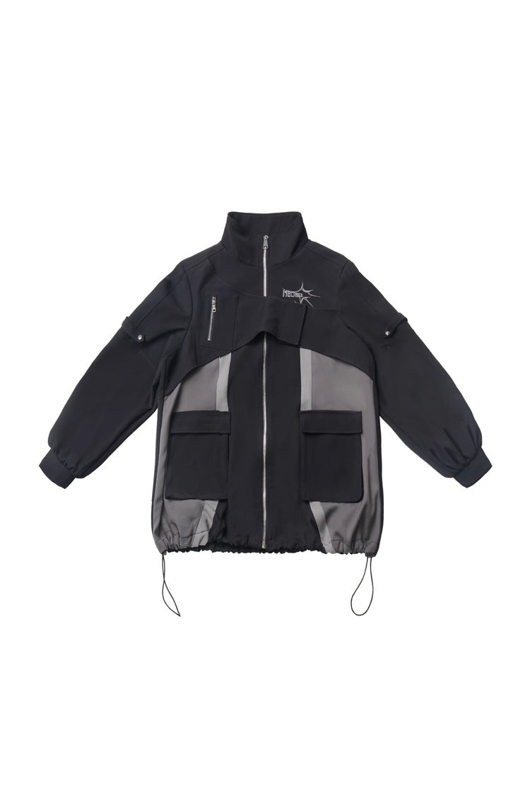 Black [Holographic Cruise] Techwear Long Sleeves Spliced Zippered Gothic Jirai Kei Skirt and Coat Set - Coat - 8