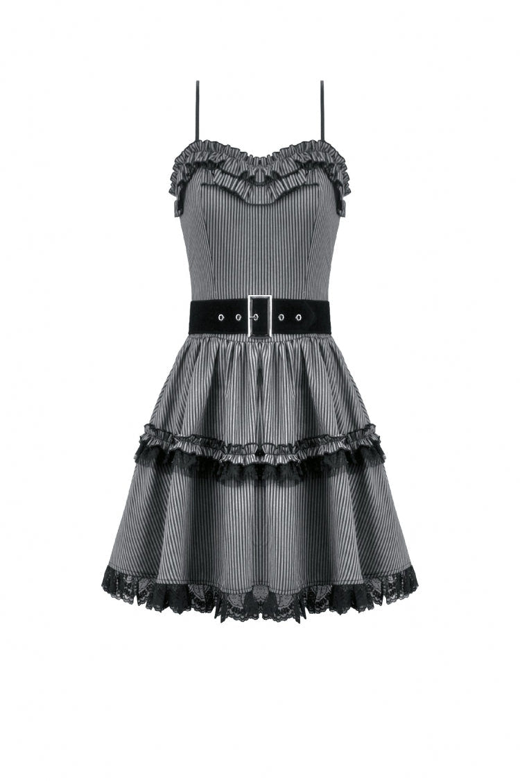 Black/Grey Pinstripe Sleeveless Multi-Layered Ruffled Women's Gothic Slip Mini Dress Graduation Dress - Product - 3