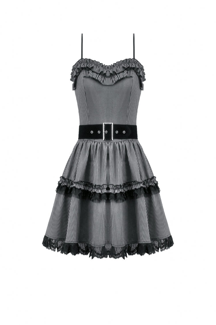 Black/Grey Pinstripe Sleeveless Multi-Layered Ruffled Women's Gothic Slip Mini Dress Graduation Dress - Product - 3
