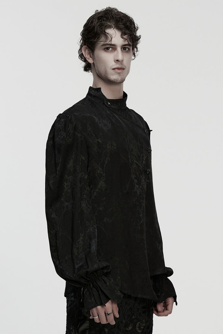 Black Stand Collar Long Puff Sleeves Print Asymmetric Men's Gothic Blouse - Product - 2