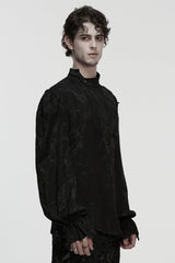 Black Stand Collar Long Puff Sleeves Print Asymmetric Men's Gothic Blouse - Product - 2