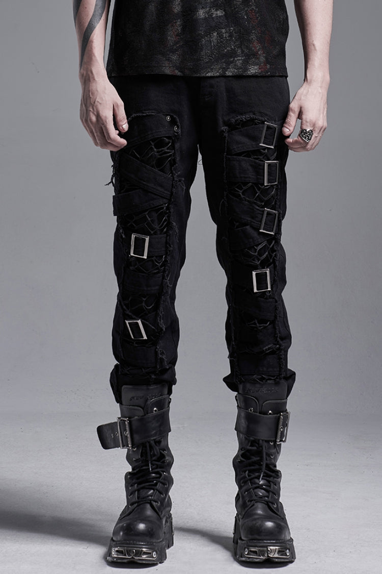 Black Metal Buckle Bandage Hollow Stitching Irregular Ripped Men's Gothic Pants - Black - 1