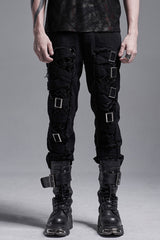 Black Metal Buckle Bandage Hollow Stitching Irregular Ripped Men's Gothic Pants - Black - 1