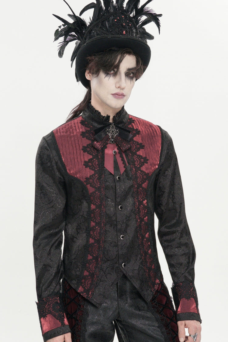 Red Stand Collar Long Sleeves Jacquard Embroidered Bow Lace Men's Gothic Palace Shirt - Product - 8