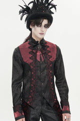 Red Stand Collar Long Sleeves Jacquard Embroidered Bow Lace Men's Gothic Palace Shirt - Product - 8
