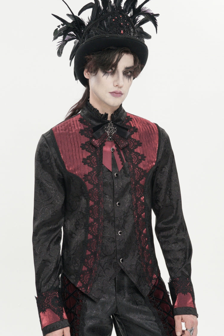 Red Stand Collar Long Sleeves Jacquard Embroidered Bow Lace Men's Gothic Palace Shirt - Product - 8
